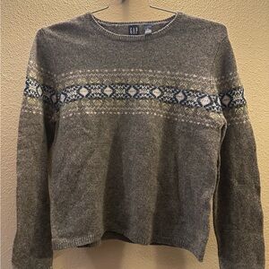 GAP Women’s Gray Crewneck Sweater with Blue and Cream Fair Isle Band
